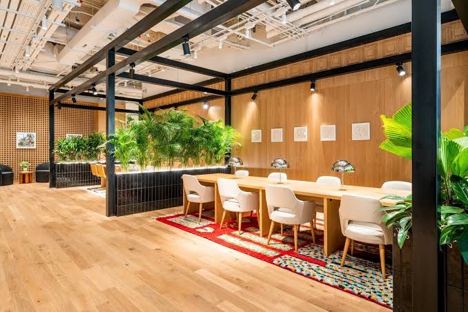 A co-working room with a long table